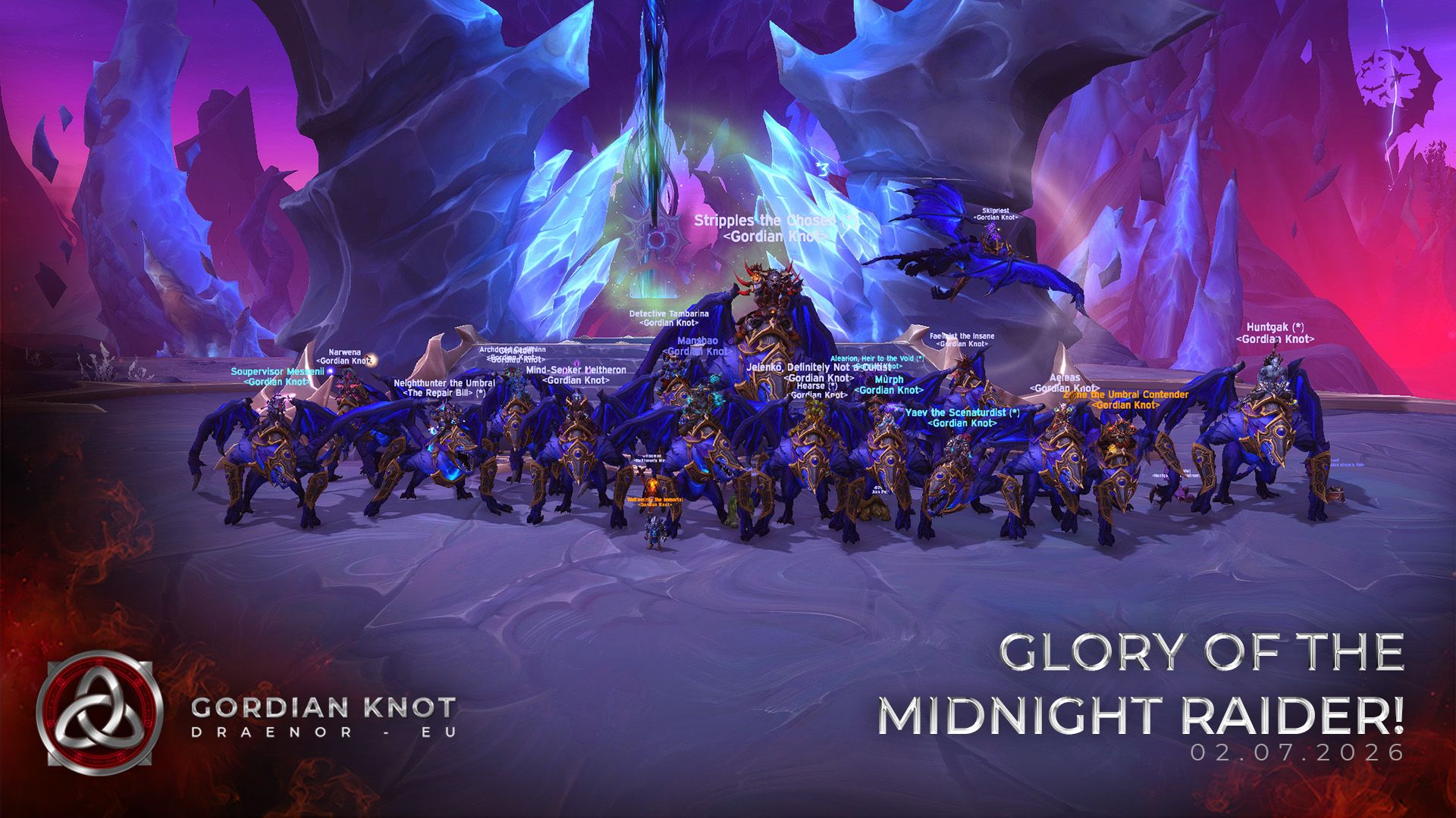 Gordian Knot WoW guild raiders on Draenor EU mounted up celebrating the Glory of the Midnight Raider achievement.